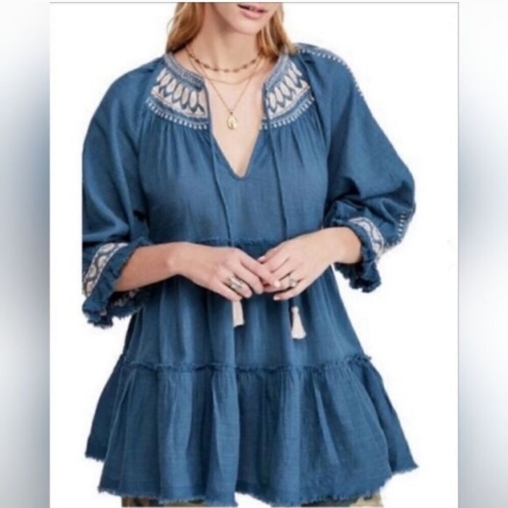 FP Cotten Embroidered Bohemian Tunic Top Or Mini Dress
